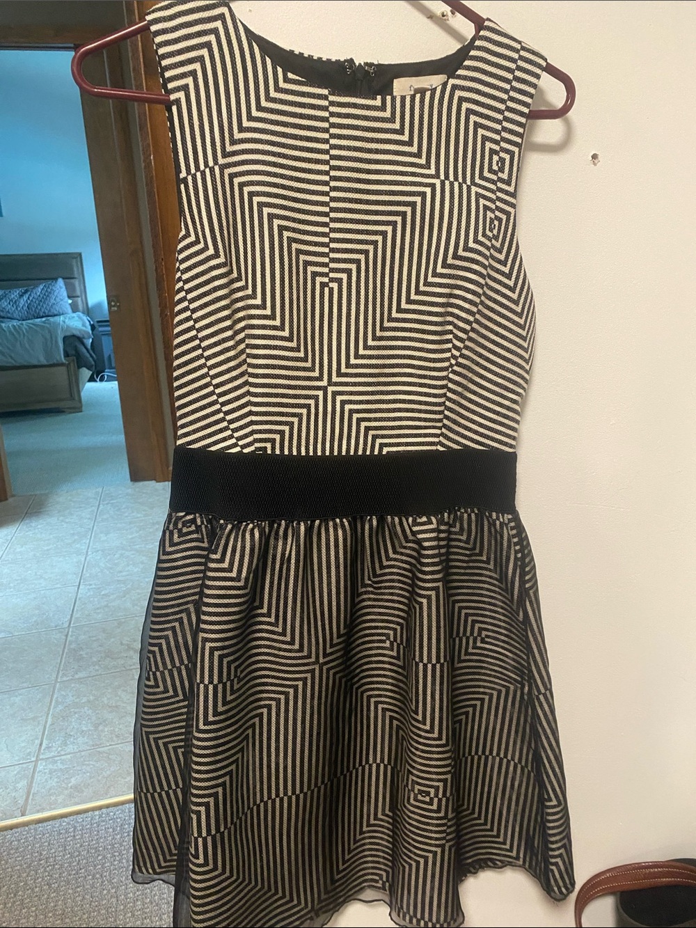 Womens Black and White Geometric Fit & Flare Dress